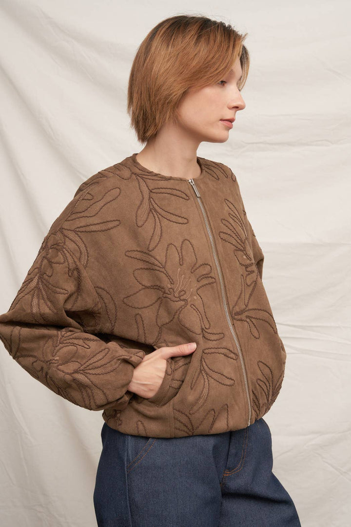 Embroidered Floral Pattern Bomber Jacket in Brown