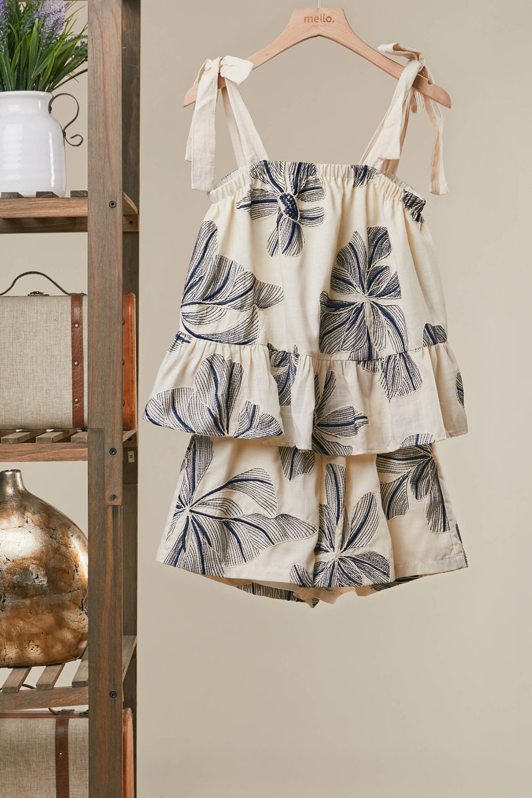 Floral Print Tie-Shoulder Top in Navy &amp; White
