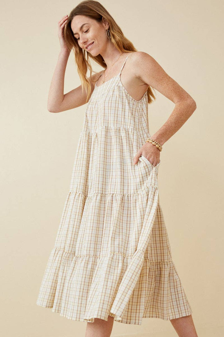Womens Textured Plaid Tiered Maxi Tank Dress