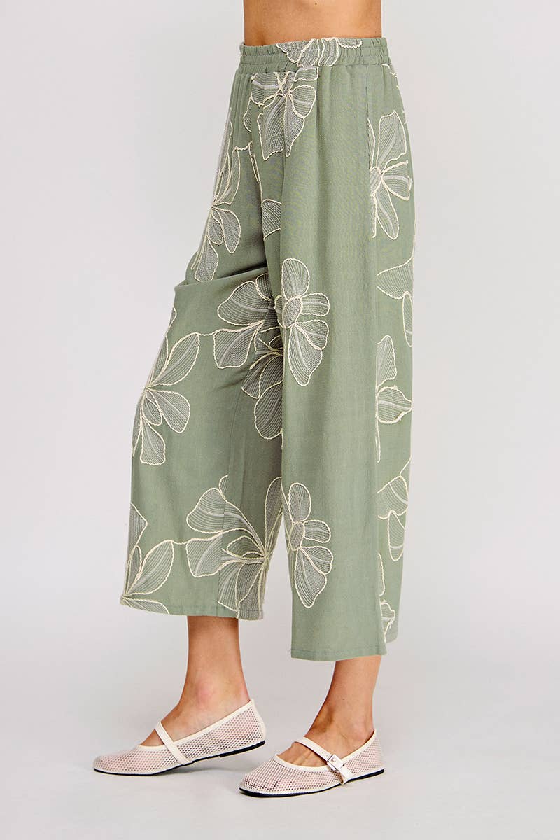Floral Embroidered Linen Blend Pants in Sage Green
