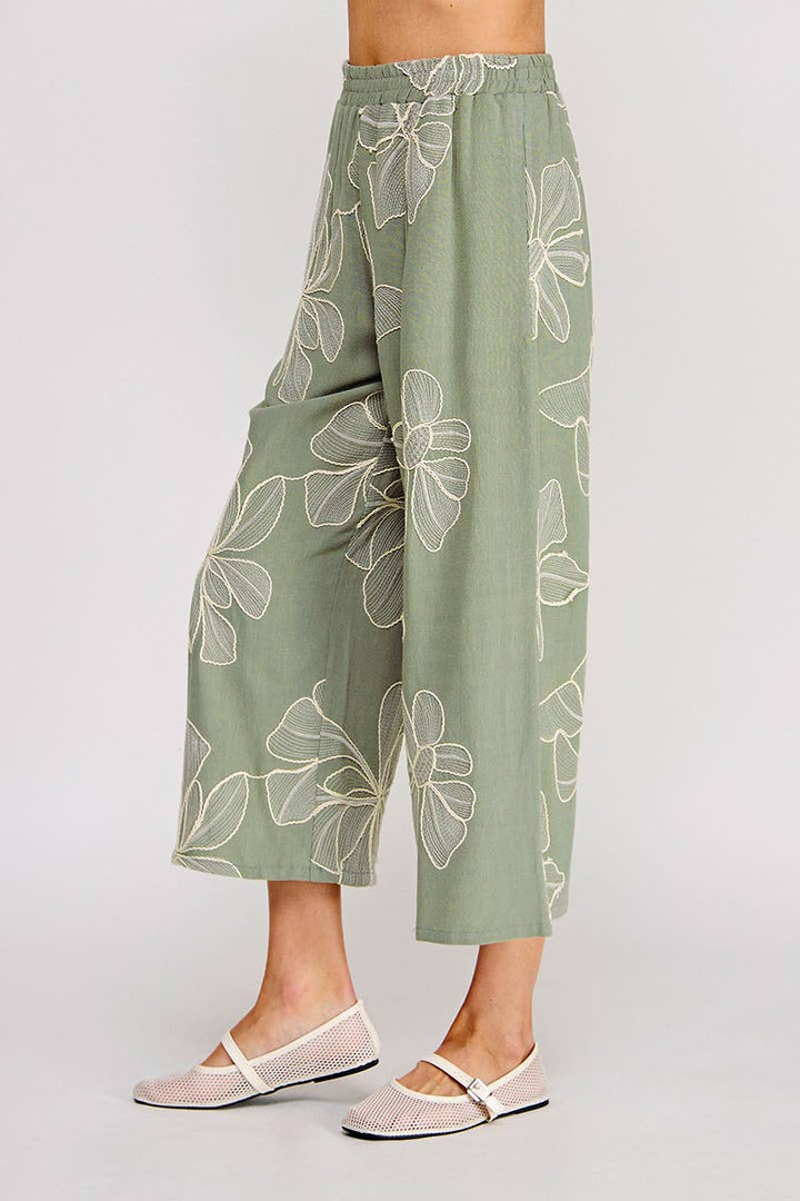 Floral Embroidered Linen Blend Pants in Sage Green