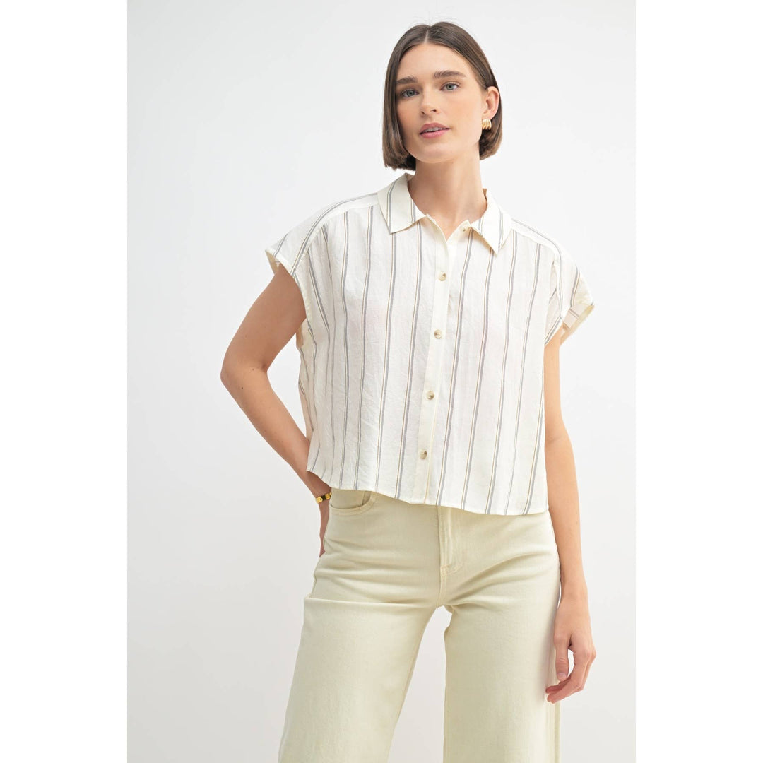 Dolman Sleeve Button Down Shirt in White Stripe
