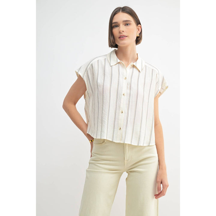 Dolman Sleeve Button Down Shirt in White Stripe