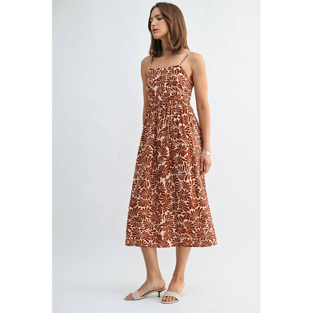 Flower Print Smocked Back Midi Dress in Orange