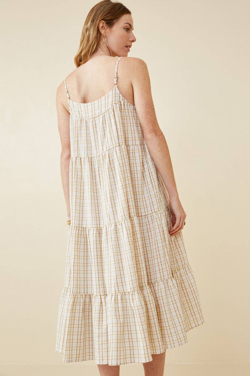 Womens Textured Plaid Tiered Maxi Tank Dress