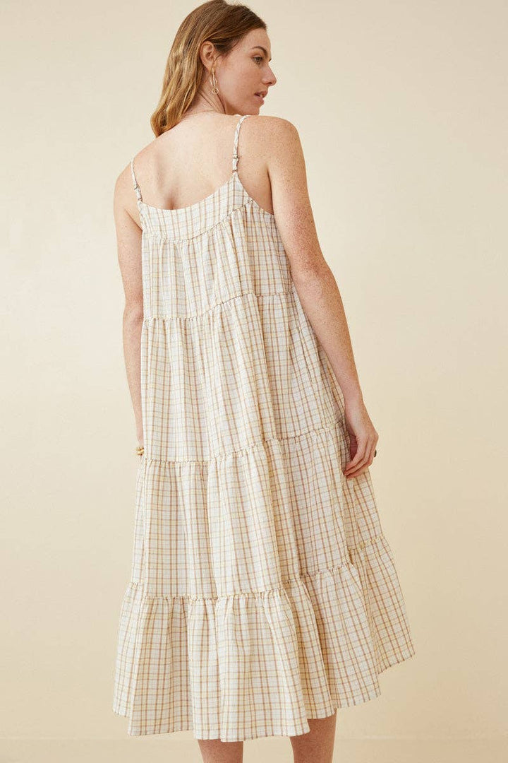 Womens Textured Plaid Tiered Maxi Tank Dress
