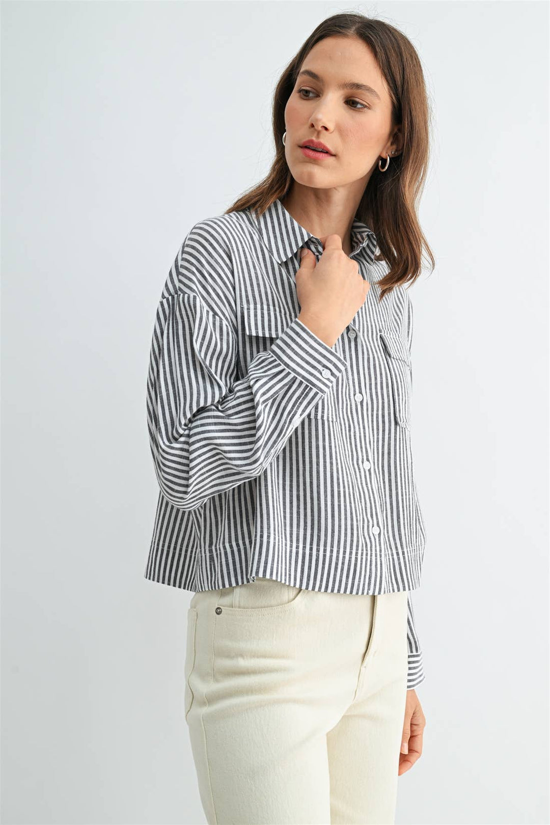 Long Sleeve Front Pocket Shirt in Grey &amp; White Striped