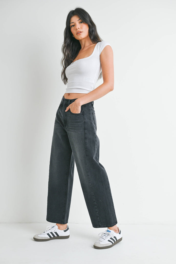 High Rise Twist Seam Barrel Jean in Washed Black, 27” Inseam