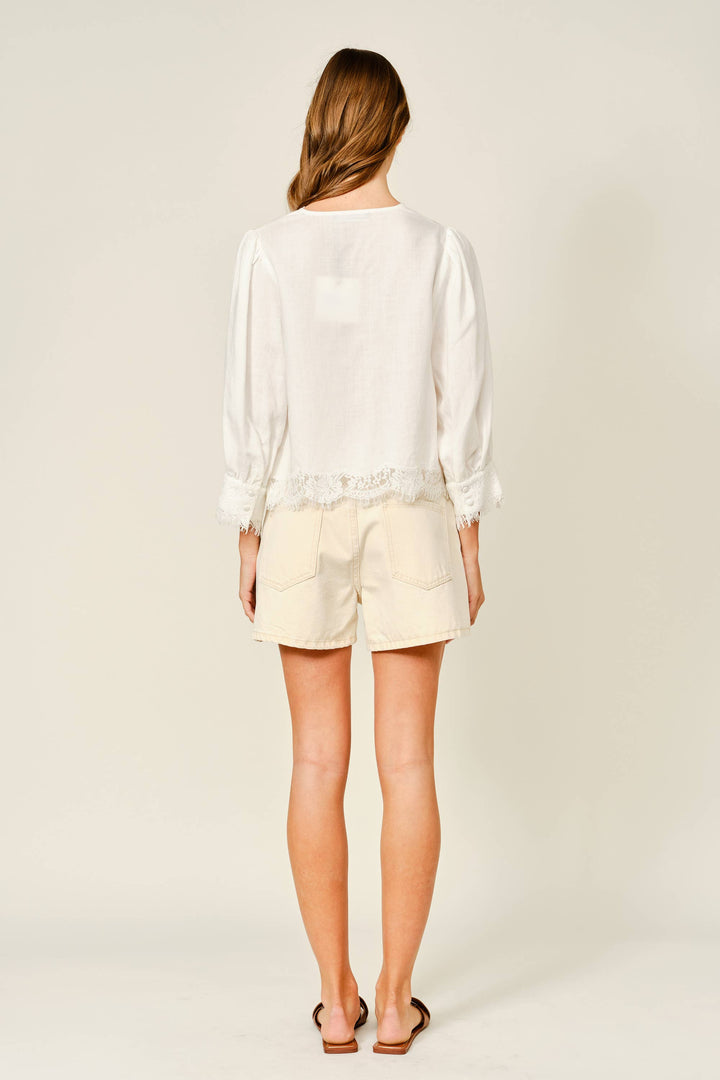 Lace Accent Button Down Linen Blend Top