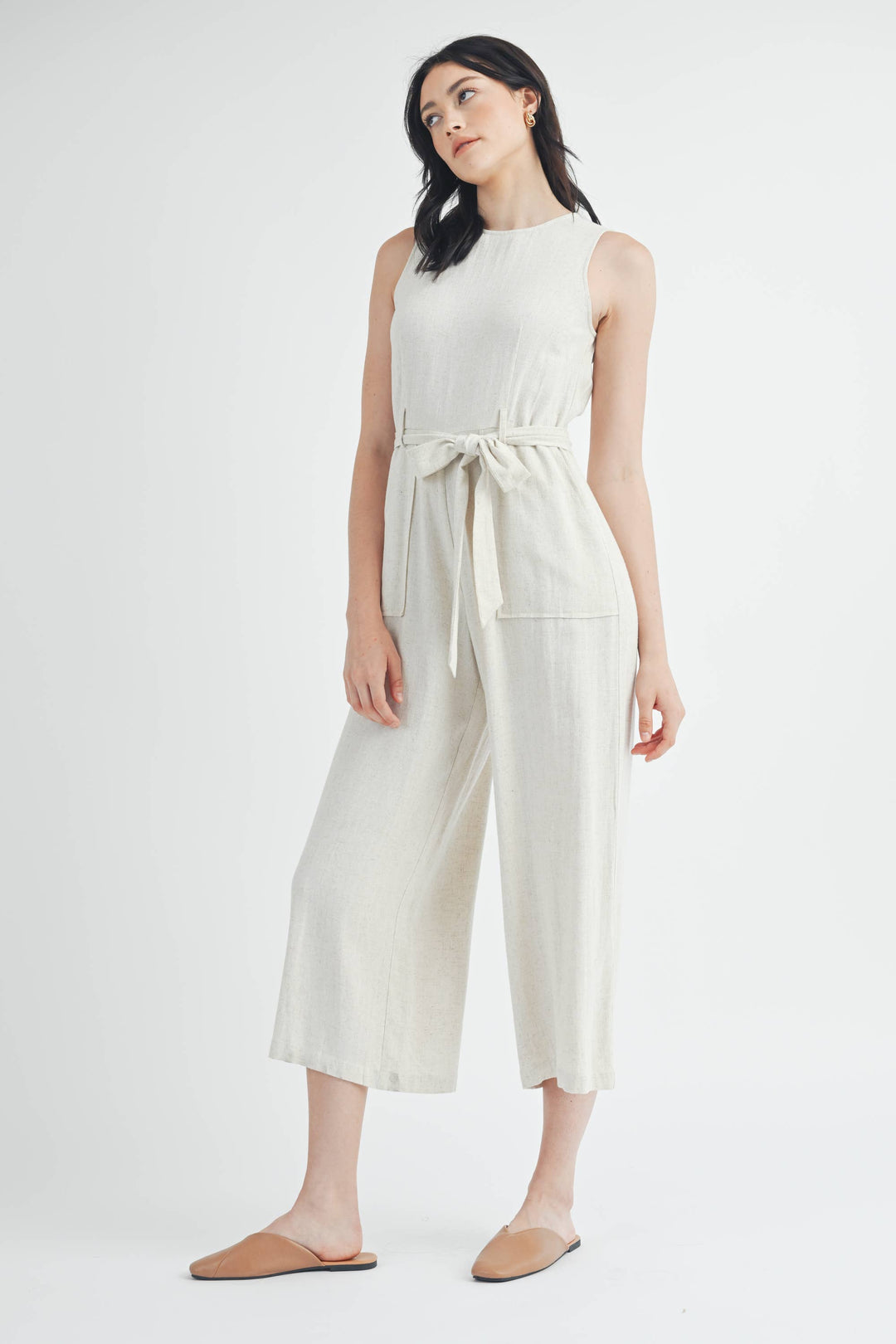 Linen Tie Waist Jumpsuit in Natural
