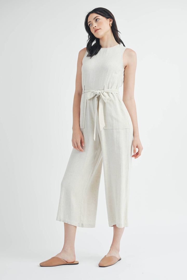 Linen Tie Waist Jumpsuit in Natural