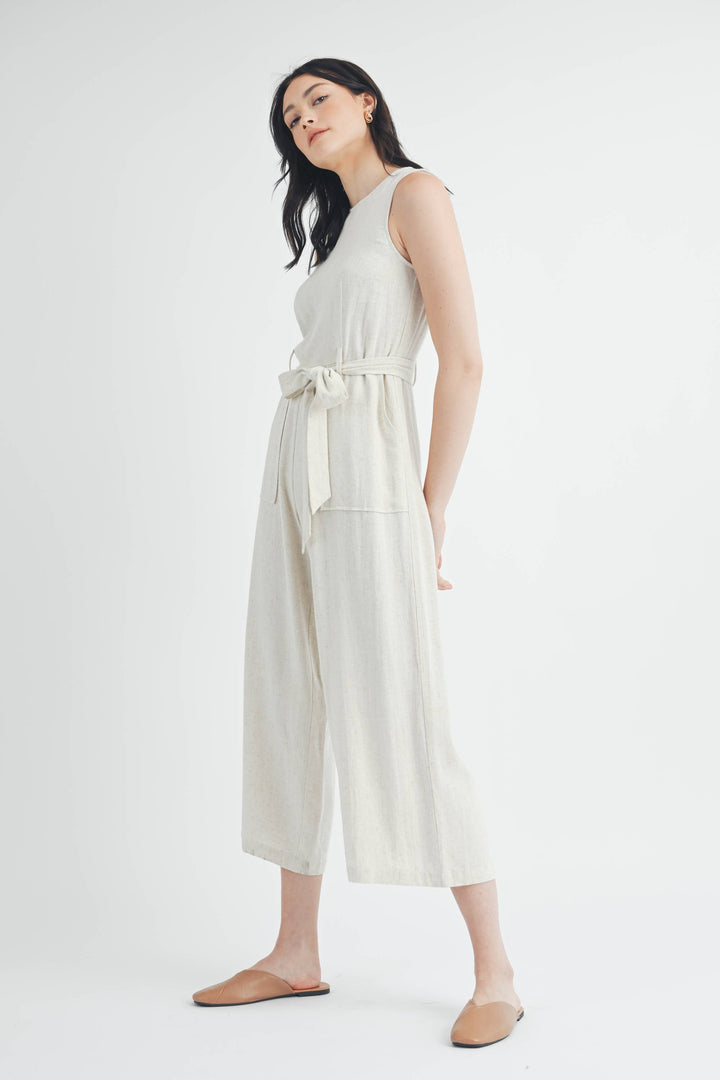 Linen Tie Waist Jumpsuit in Natural