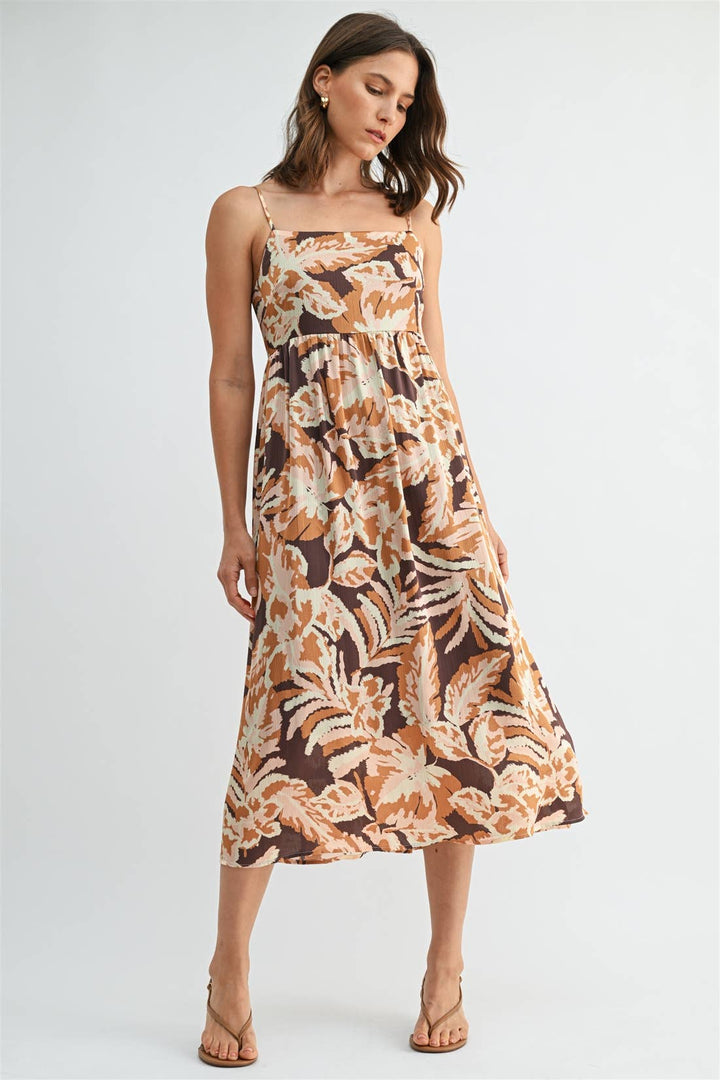 Leaf Print Smocked Back Dress in Brown Multi Color