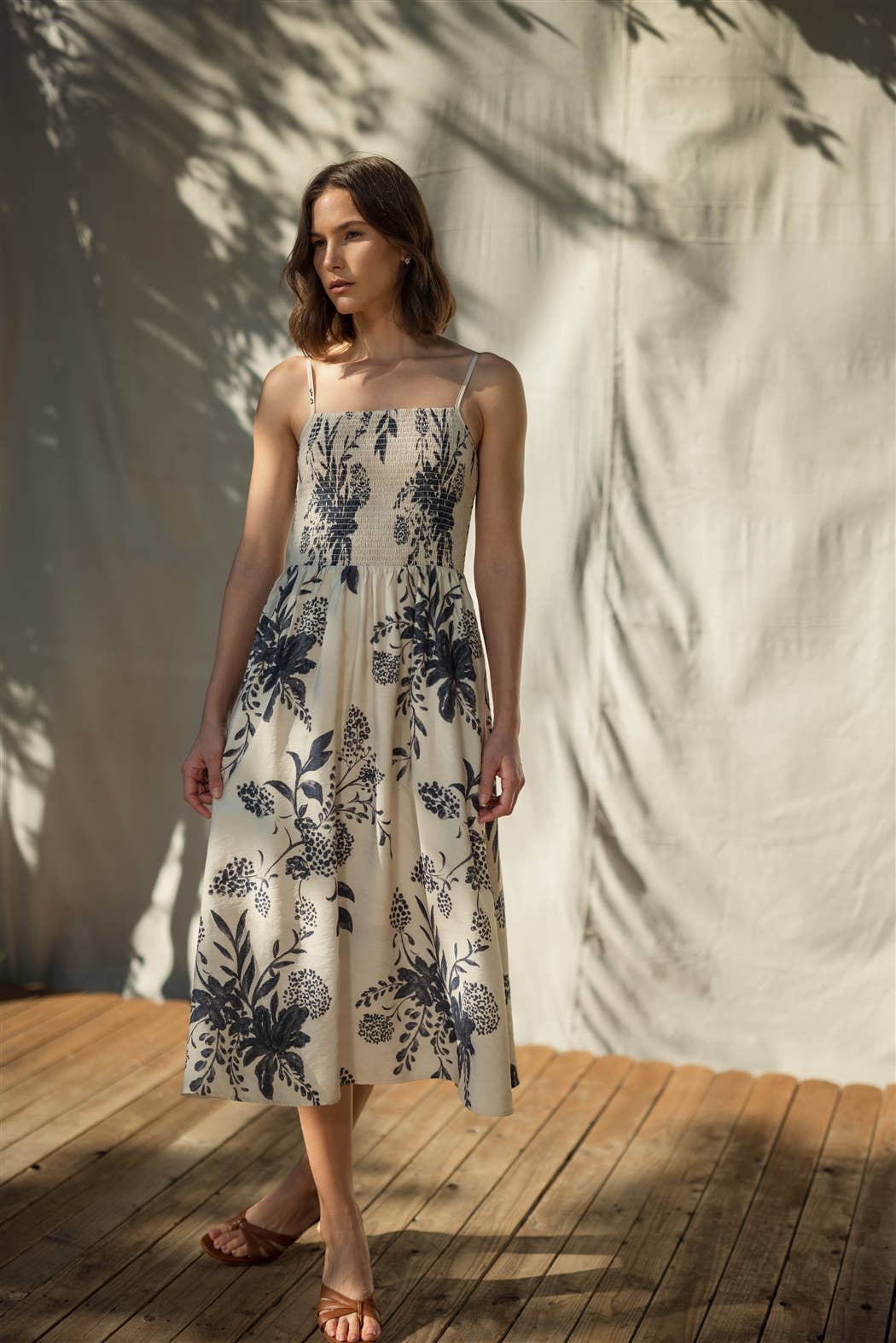 Smocked Floral Midi Dress in Navy & White L