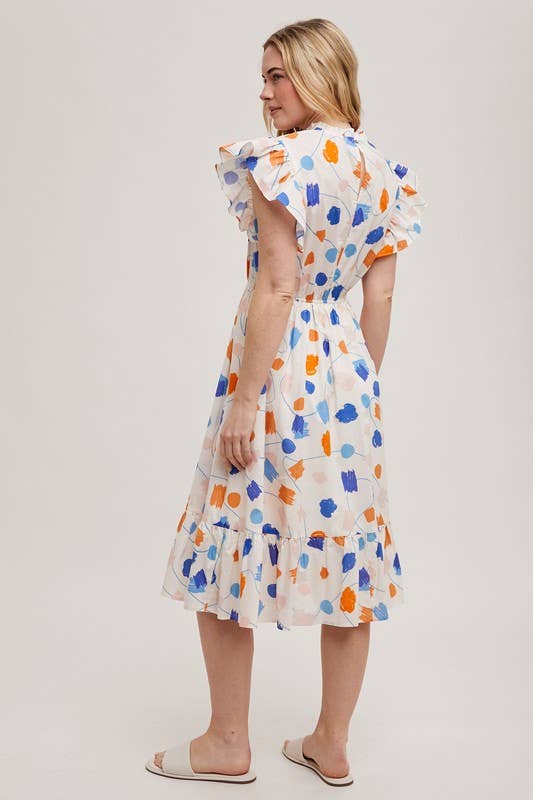 Geo Print Ruffle Sleeve Midi Dress