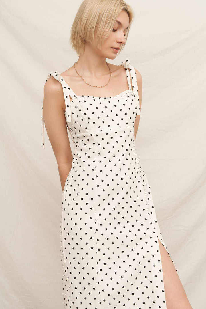 Sleeveless Black &amp; White Polka Dot Midi Dress with Slit
