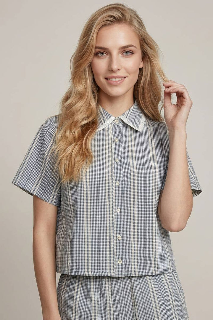 Jacquard Gingham Button Front Boxy Shirt in Navy