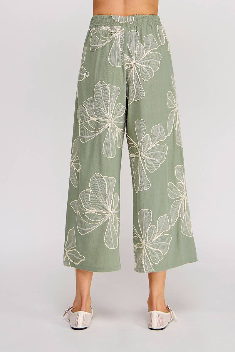 Floral Embroidered Linen Blend Pants in Sage Green