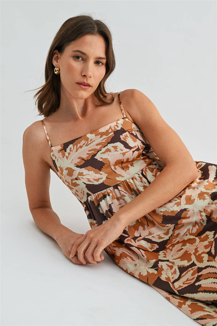 Leaf Print Smocked Back Dress in Brown Multi Color
