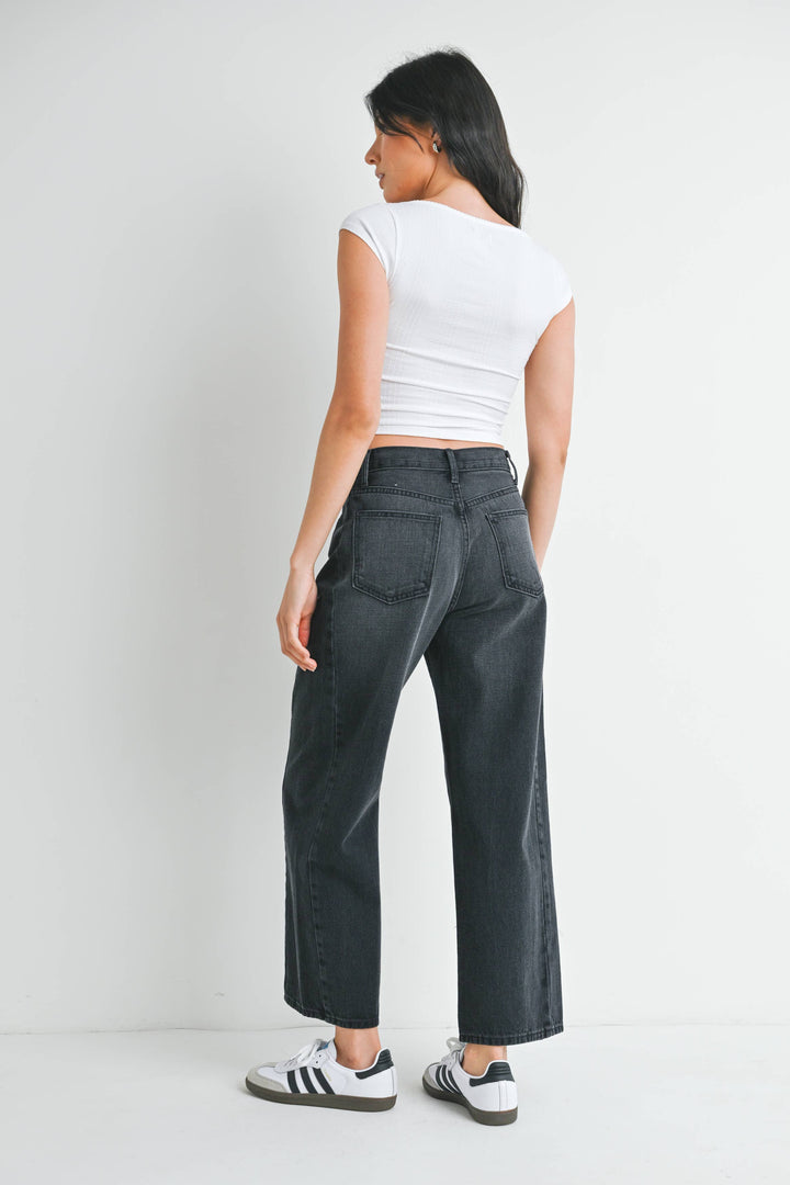High Rise Twist Seam Barrel Jean in Washed Black, 27” Inseam