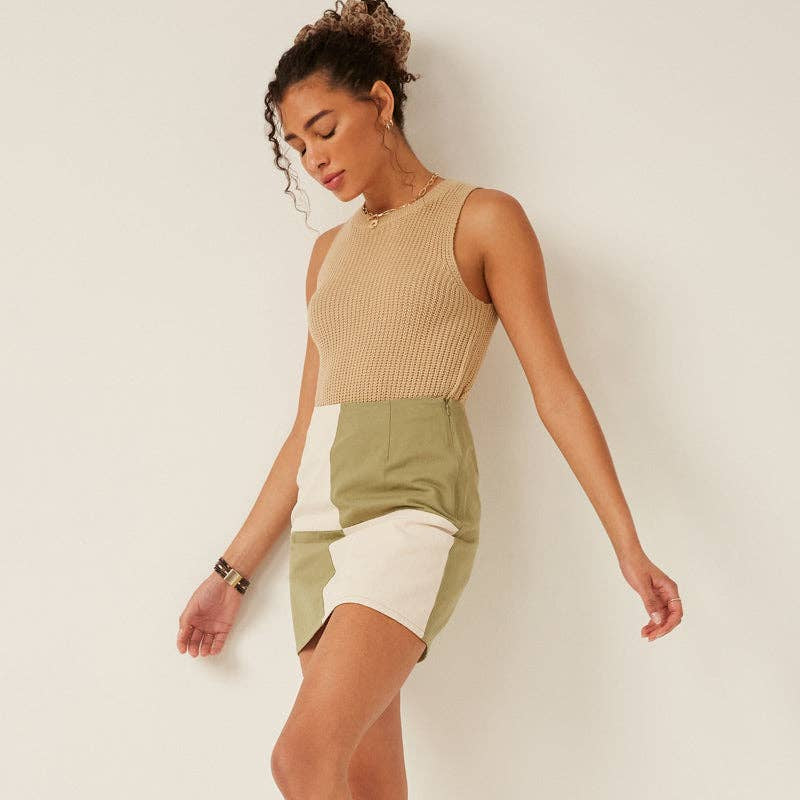 Womens Contrast Checker Front Panel Mini Skirt