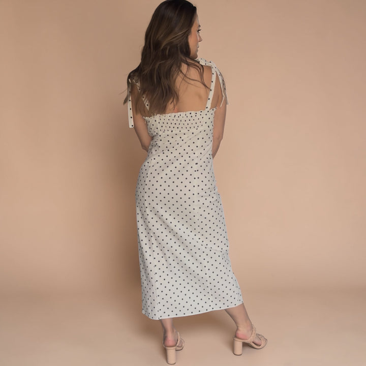 Sleeveless Black &amp; White Polka Dot Midi Dress with Slit