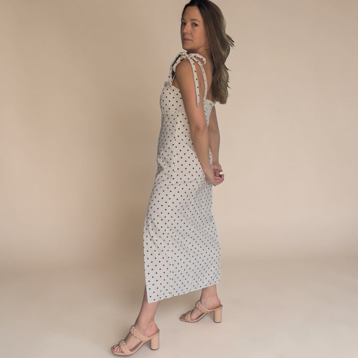 Sleeveless Black &amp; White Polka Dot Midi Dress with Slit
