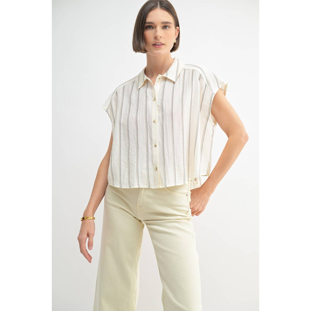 Dolman Sleeve Button Down Shirt in White Stripe