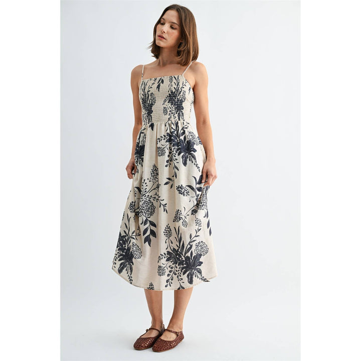 Smocked Floral Midi Dress in Navy &amp; White