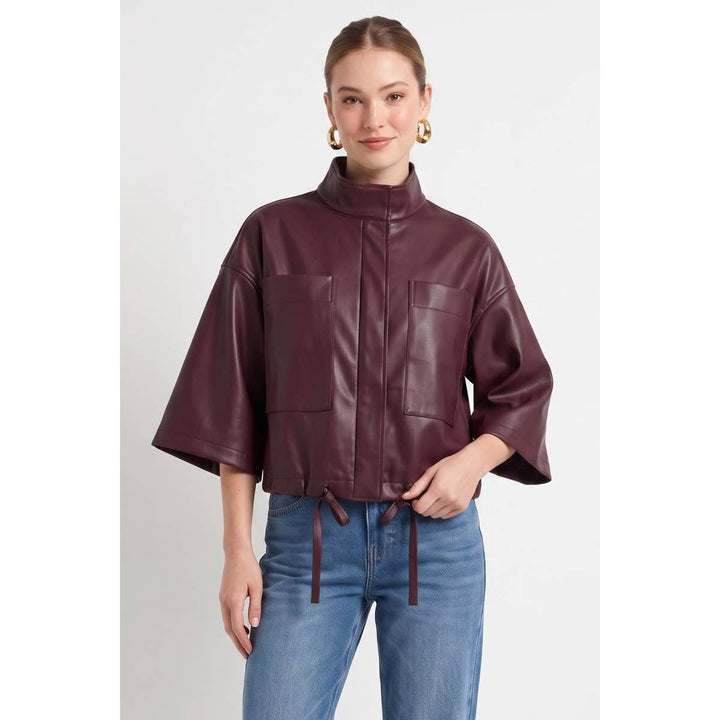 Drawstring Hem Boxy Vegan Leather Jacket