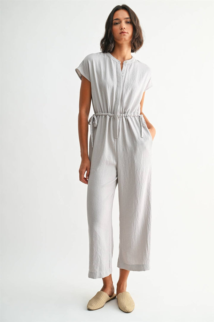HIDDEN BUTTON SIDE TIE DETAIL JUMPSUIT