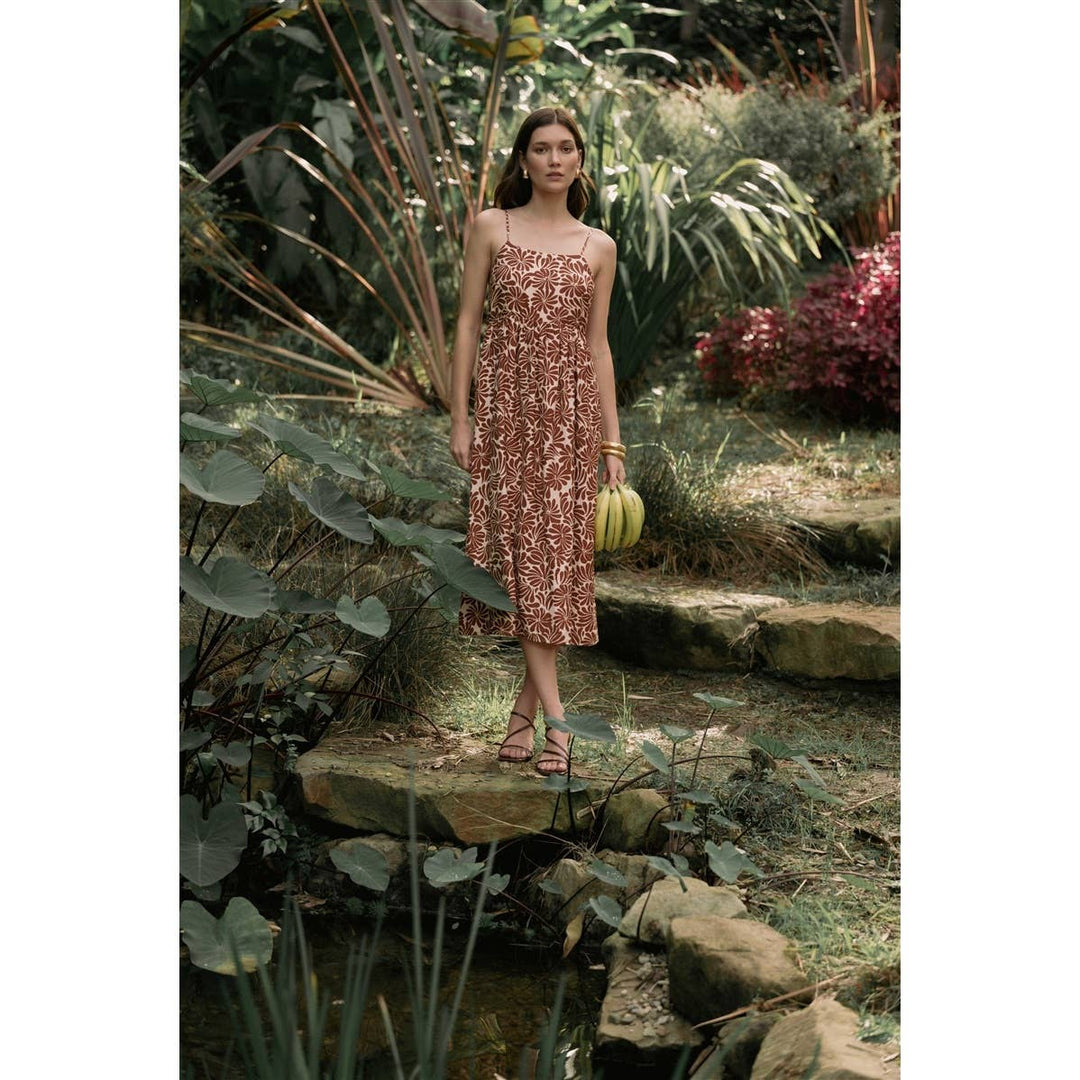 Flower Print Smocked Back Midi Dress in Orange