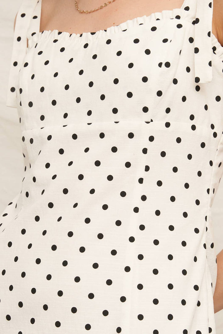 Sleeveless Black &amp; White Polka Dot Midi Dress with Slit