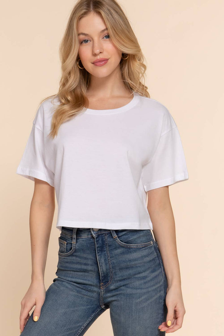 Short Sleeve Crew Neck Oversize Crop Cotton White Tee
