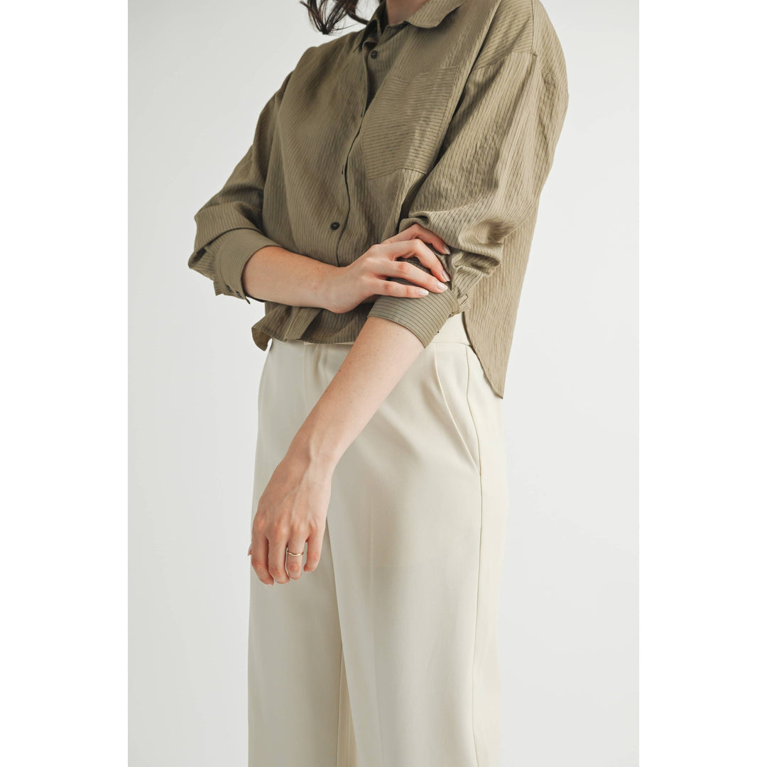Striped Cropped Button Down Shirt in Olive Green