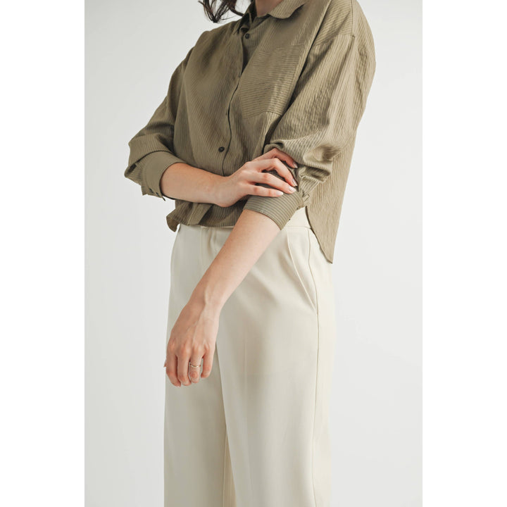 Striped Cropped Button Down Shirt in Olive Green