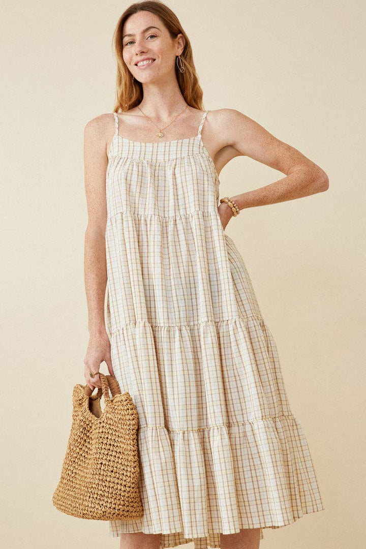 Womens Textured Plaid Tiered Maxi Tank Dress