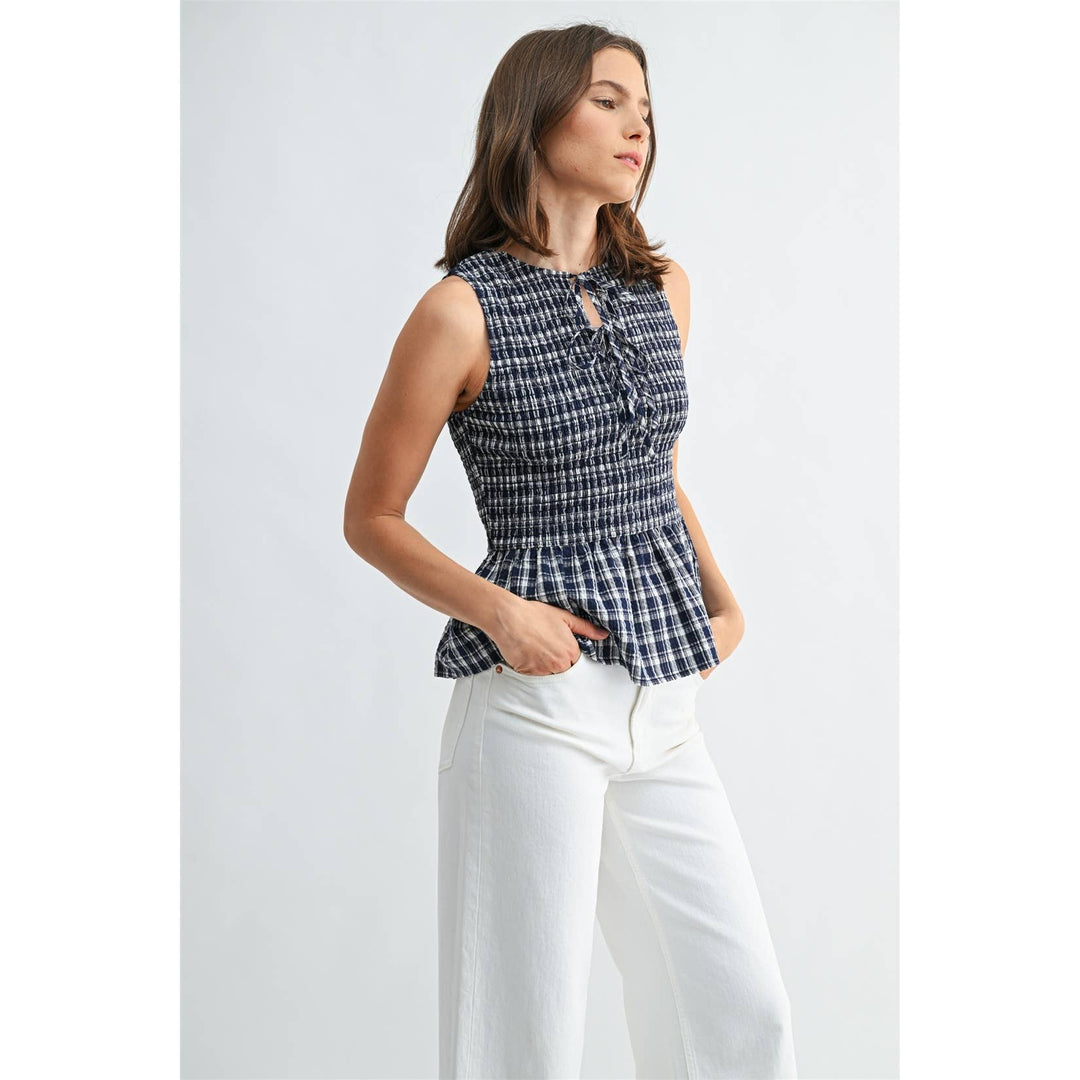 Gingham Sleeveless Peplum Tie Detail Smocked Top in Navy