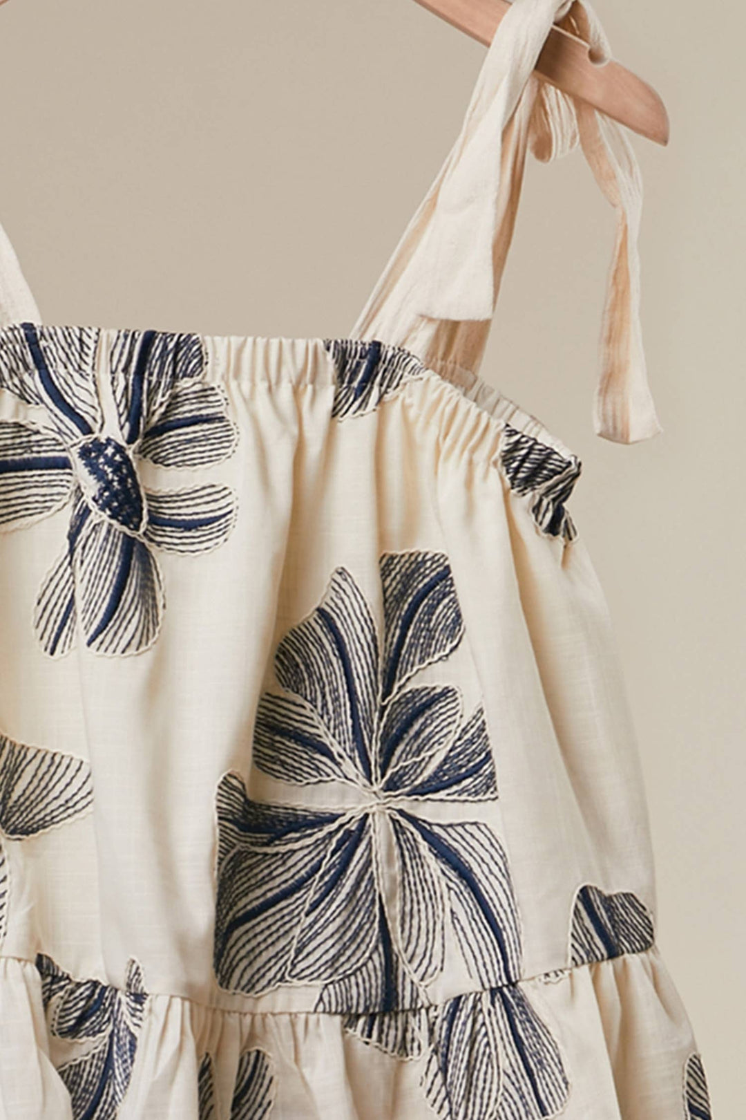 Floral Print Tie-Shoulder Top in Navy &amp; White