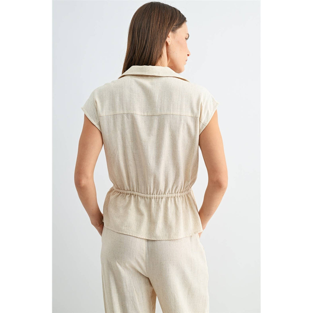 Linen Blend Elastic Waist Utility Dolman Shirt