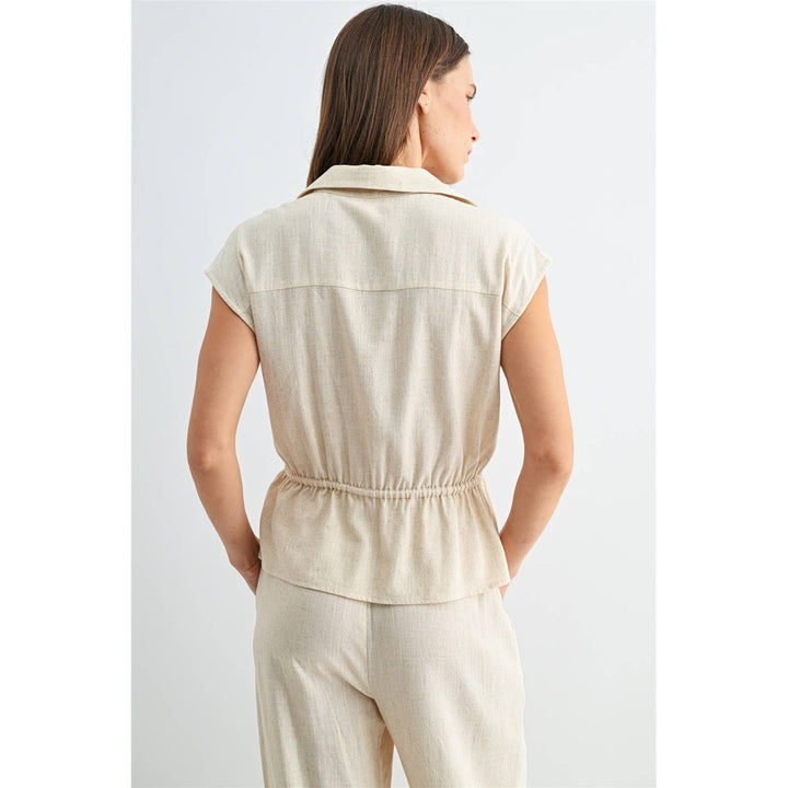 Linen Blend Elastic Waist Utility Dolman Shirt