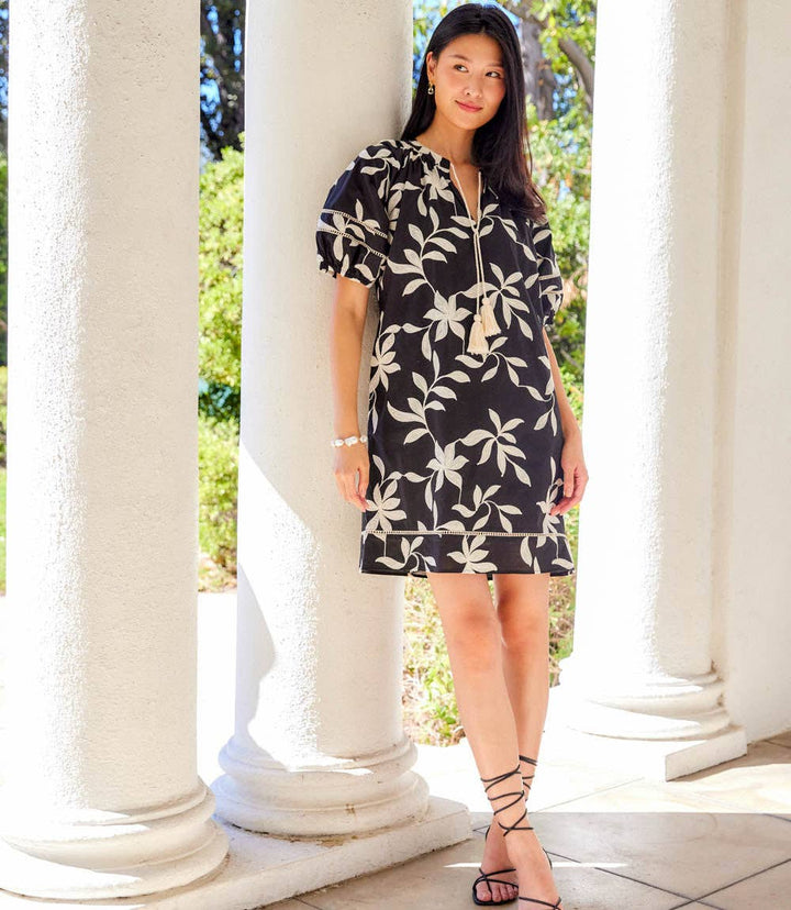 Floral Embroidered Puff Sleeve Tassel Dress in Black