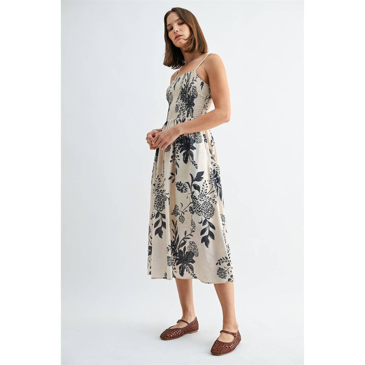 Smocked Floral Midi Dress in Navy &amp; White