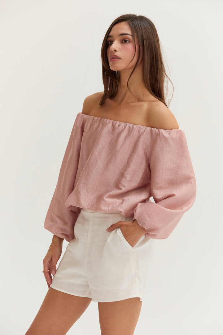 Liana Off Shoulder Crinkle Blouse in Dusty Pink