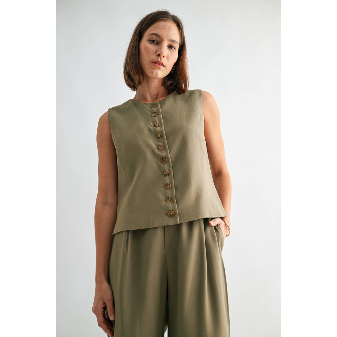 Crew Neck Vest Top in Light Olive Green