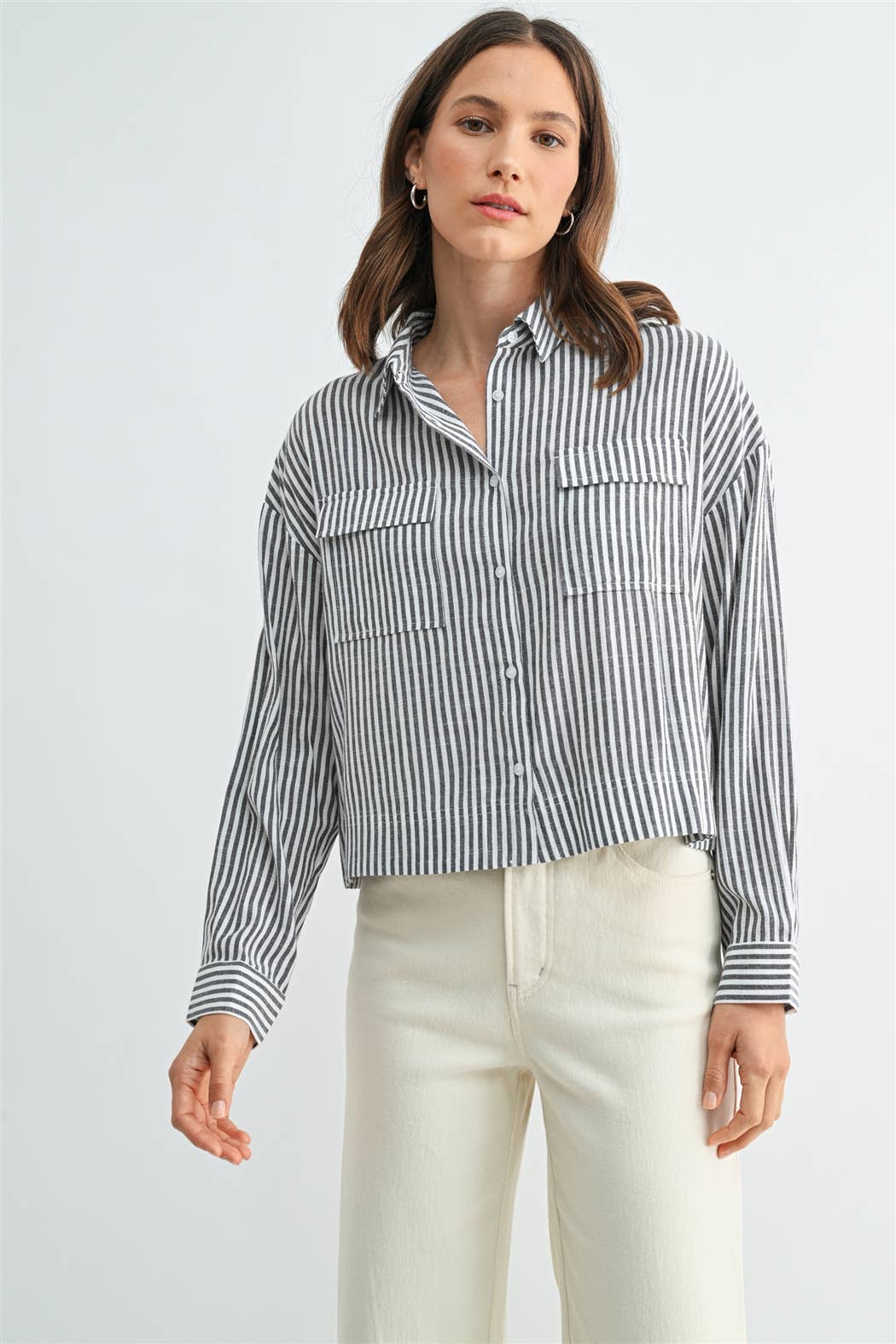 Long Sleeve Front Pocket Shirt in Grey &amp; White Striped