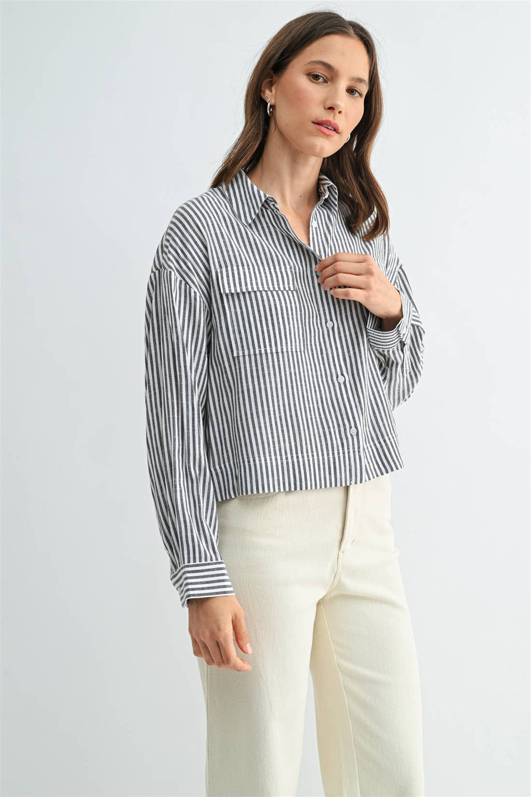 Long Sleeve Front Pocket Shirt in Grey &amp; White Striped