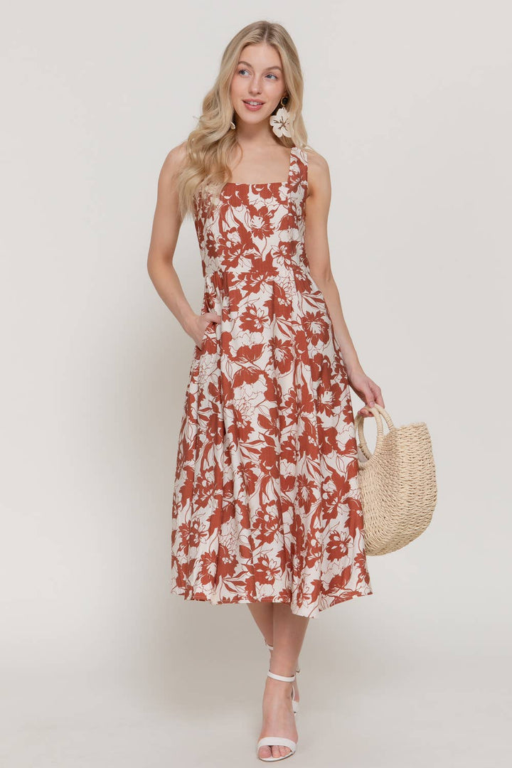 Square Neckline Printed Midi Dress