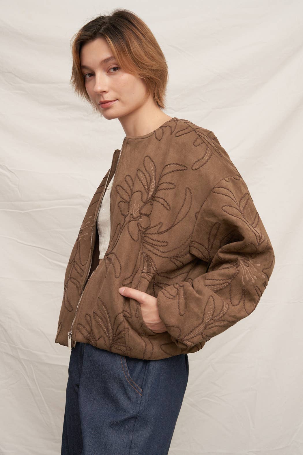 Embroidered Floral Pattern Bomber Jacket in Brown