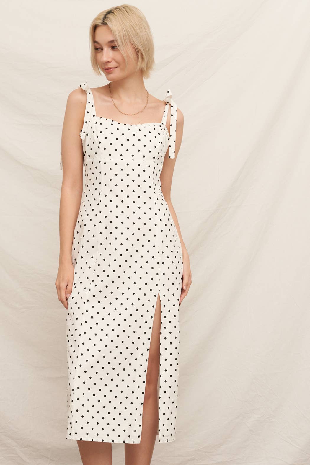 Sleeveless Black &amp; White Polka Dot Midi Dress with Slit